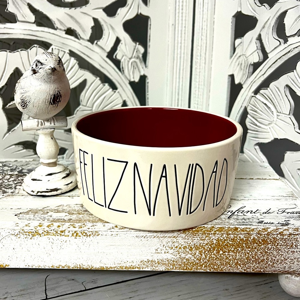 Rae Dunn Dog Food Water Dish, “Feliz Navidad”, Christmas Holiday Pet, White